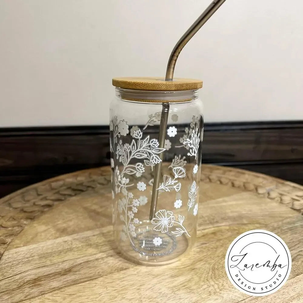 White Floral Libbey Cup, Minimalist Flowers Beer Can Glass, Nature, Spring